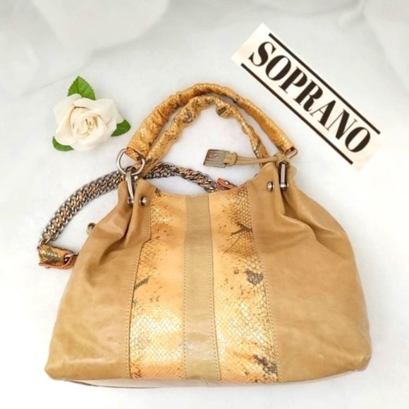 SOPRANO Tan Taupe Orange Soft Leather Satchel Purse Braided Chain Shoulder Bag - Picture 3 of 11